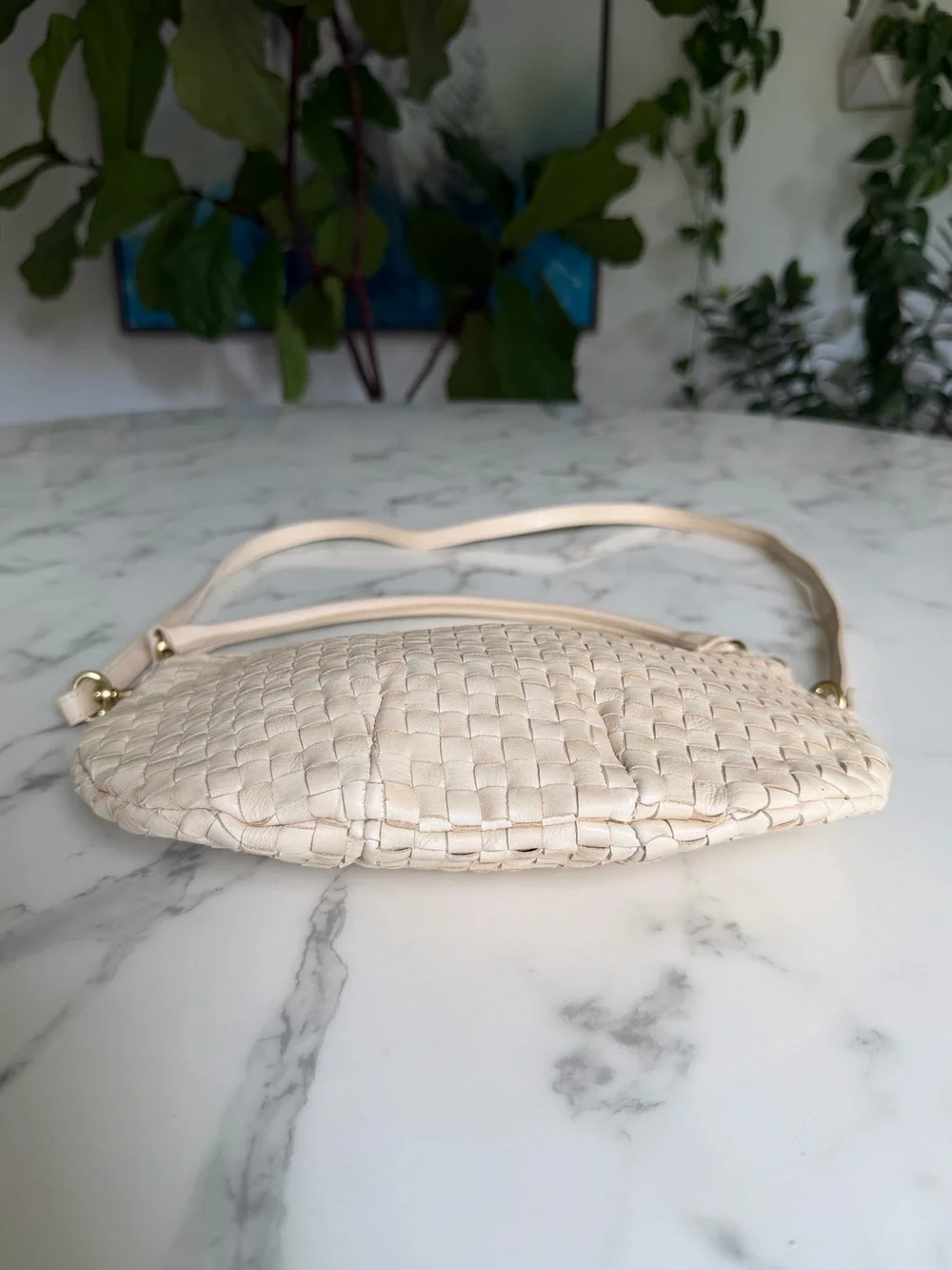 Clare V Petit Moyen Cream Woven Checker Leather Crossbody Shoulder Bag